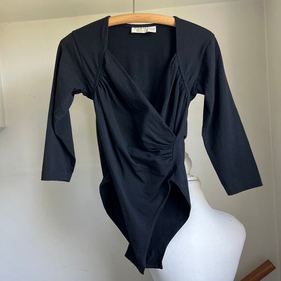 Vintage Gold Label Victoria Secret 80s Long Sleeve Bodysuit Black Wrap Surplice - Picture 8 of 9